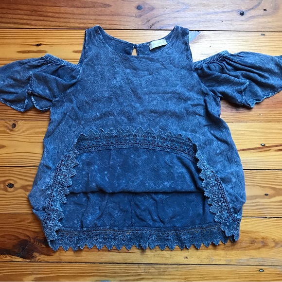 Altar’d State Blue Cotton Cold Shoulder Lace Top, EUC, M - Picture 7 of 10